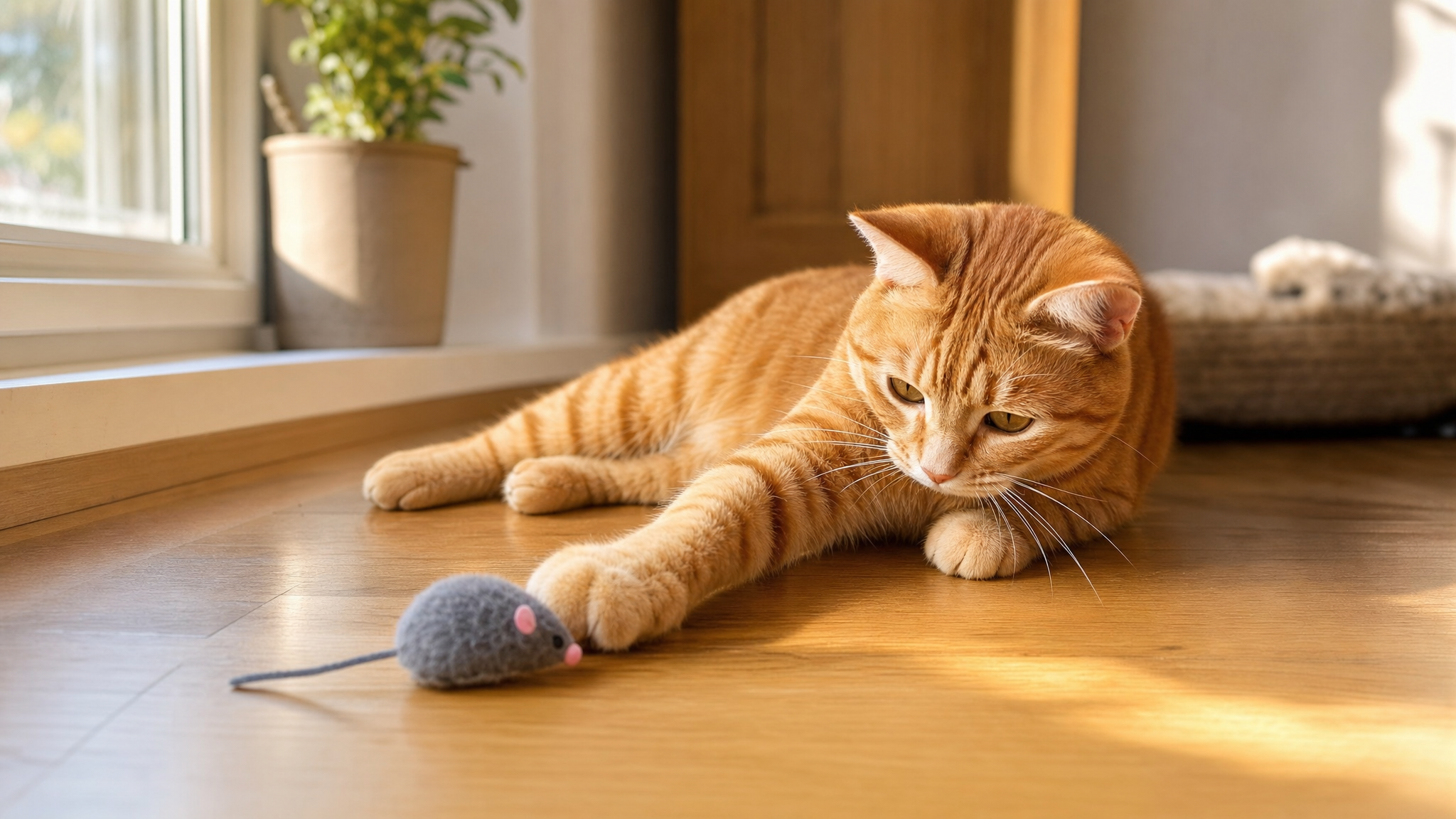 Photorealistic image of an orange cat batting at a small toy mouse.